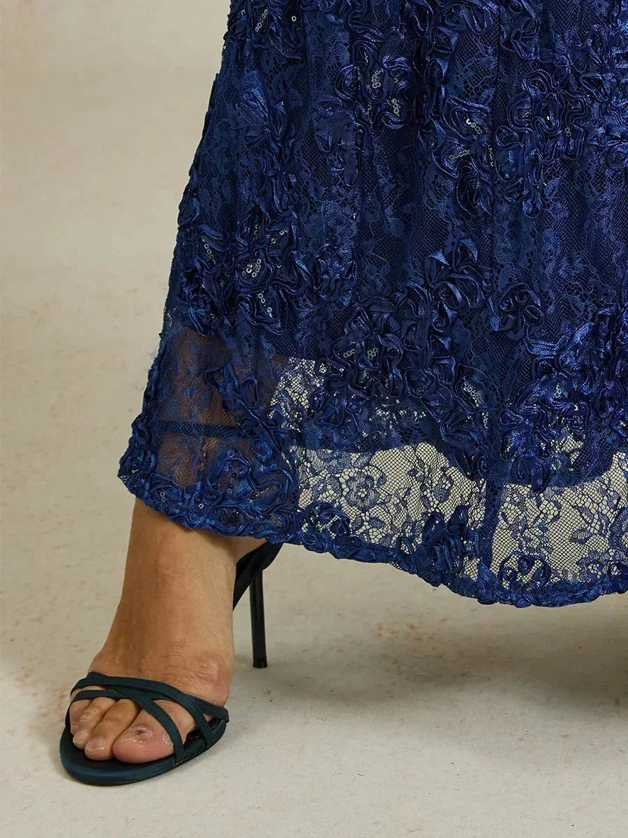 Rosette Lace A-Line Gown with Sequin Embellishment