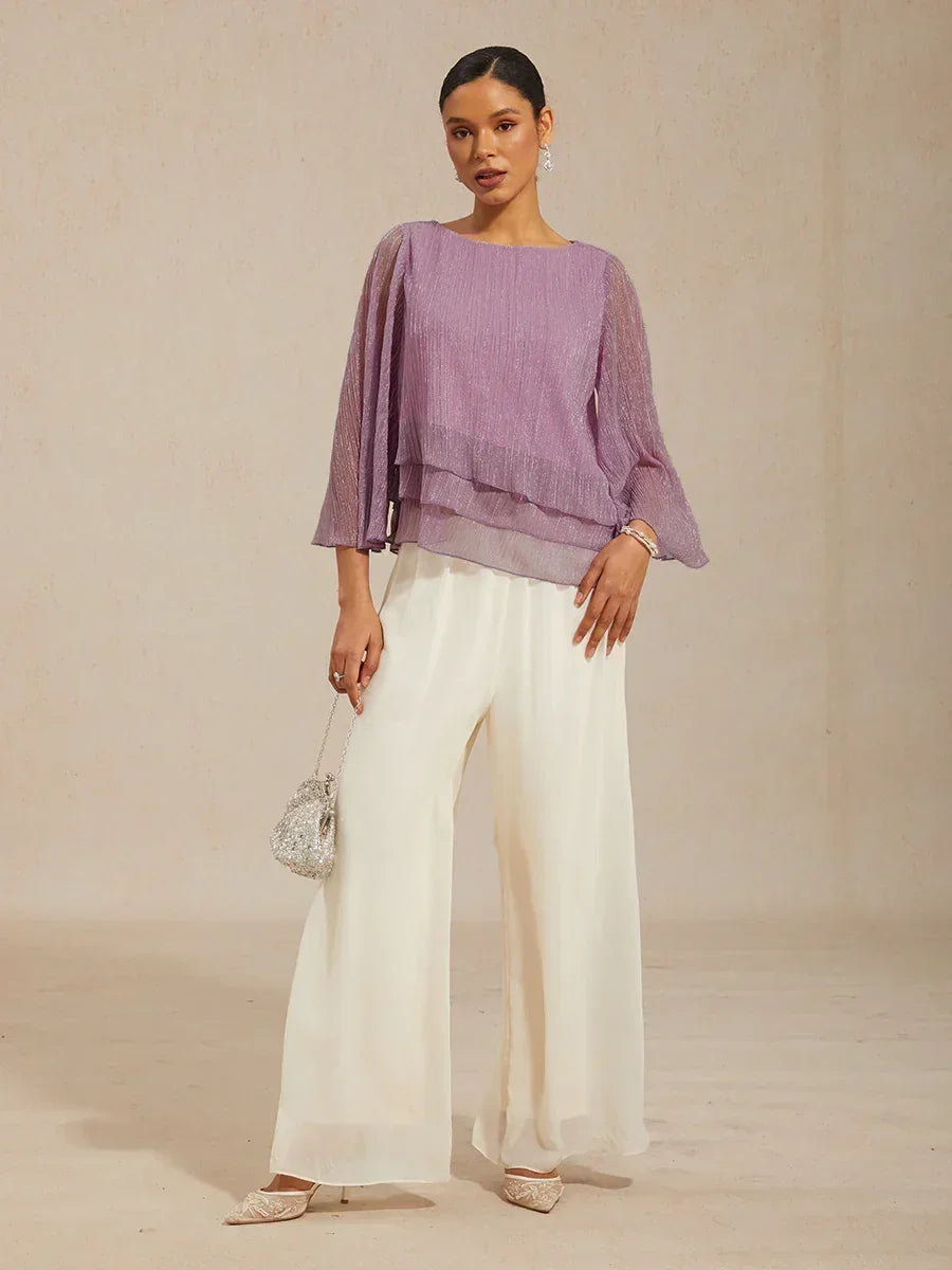 Metallic Chiffonblouse met Geplooide Stof en Asymmetrische Lagen