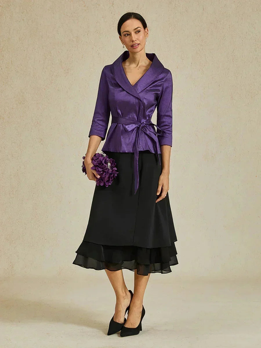 3/4 mouw stretch taffeta blouse met ceintuurdetail