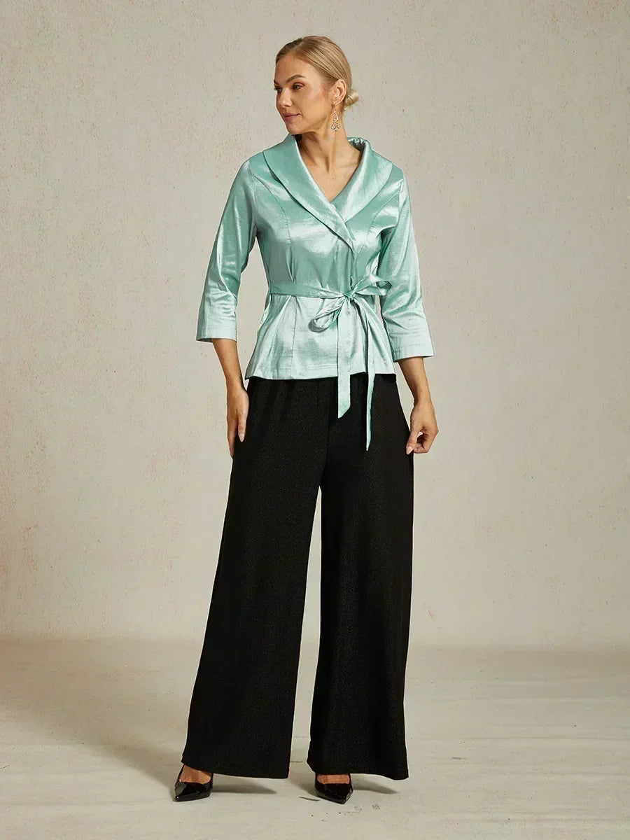 3/4 mouw stretch taffeta blouse met ceintuurdetail