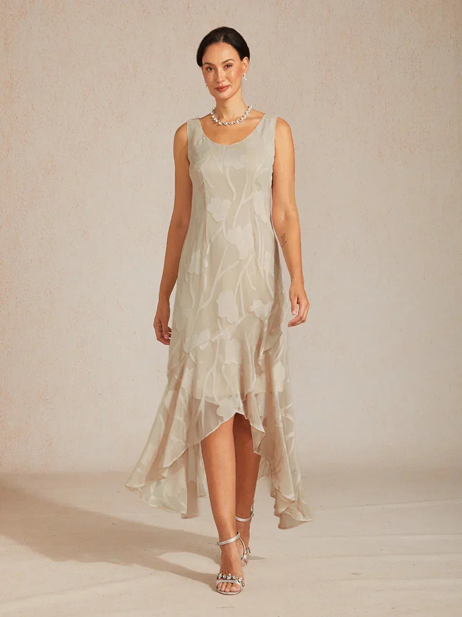 Floral Chiffon Sleeveless Evening Gown with Asymmetrical Hem