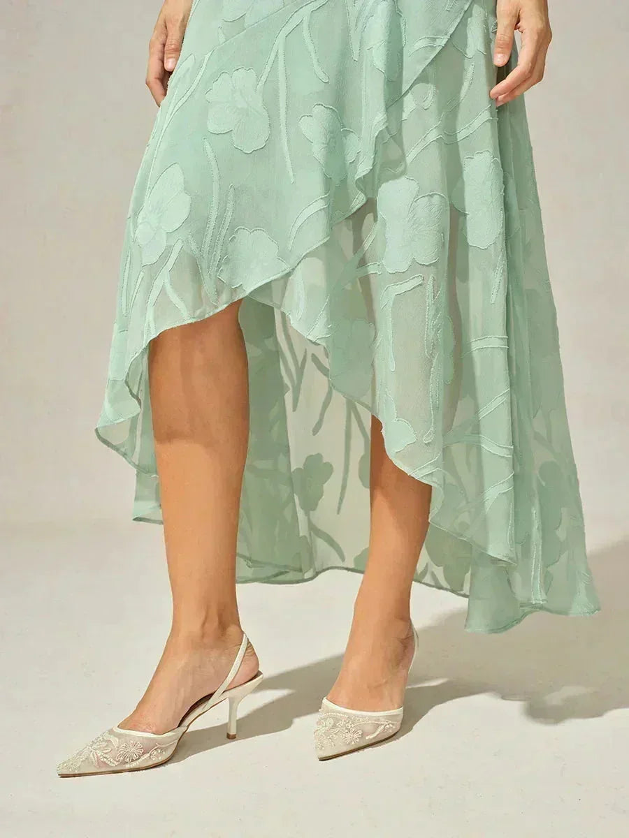 Bloemenchiffon Mouwloze Avondjurk met Asymmetrische Zoom