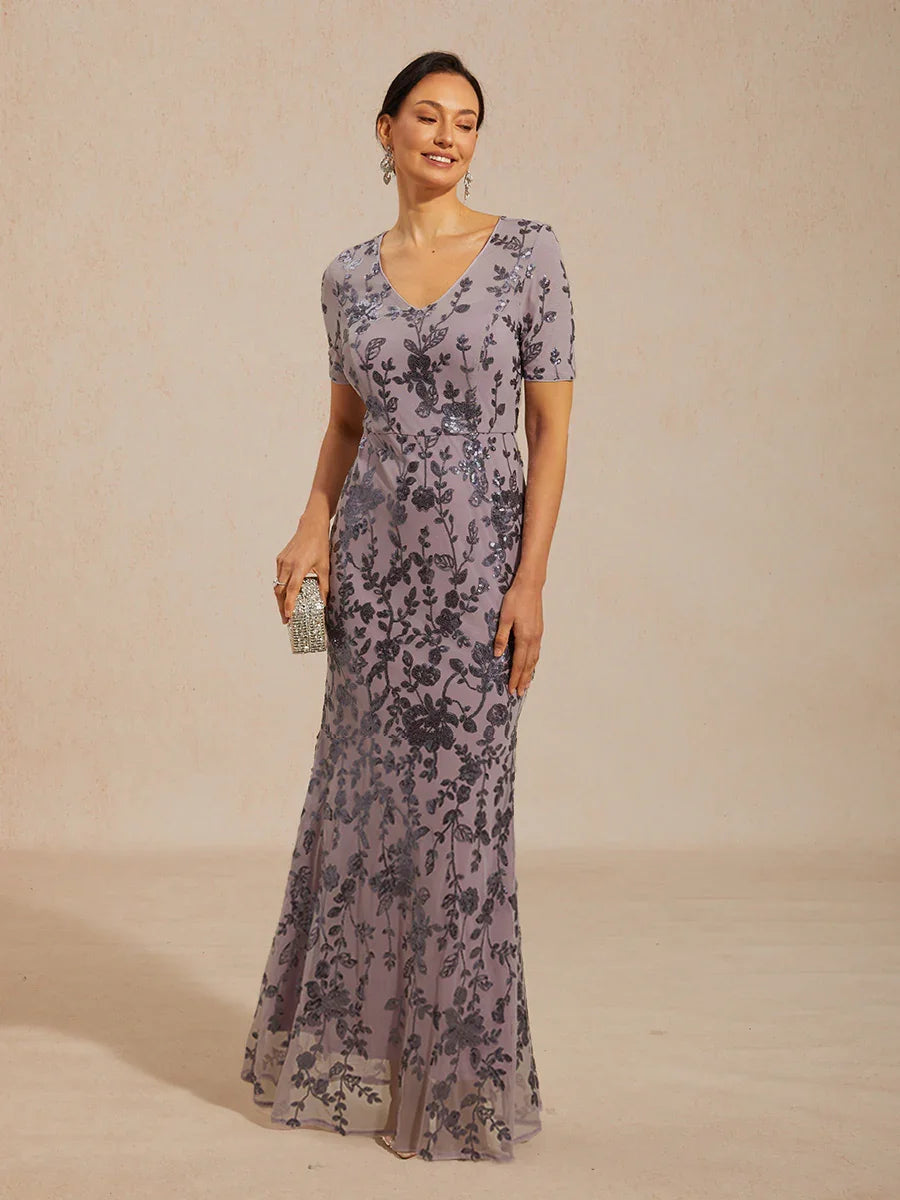 Dames Maxi-jurk Schedejurk Trompet Zeemeerminjurk Elegant Avondjurk Pailletten Kant Geborduurd Normale Pasvorm Bloemmotief Korte Mouwen Ronde Hals IJsorchidee