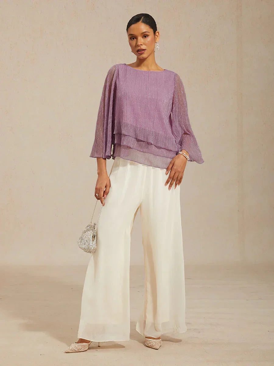 Metallic Geplooide Chiffon Asymmetrische Gelaagde Blouse