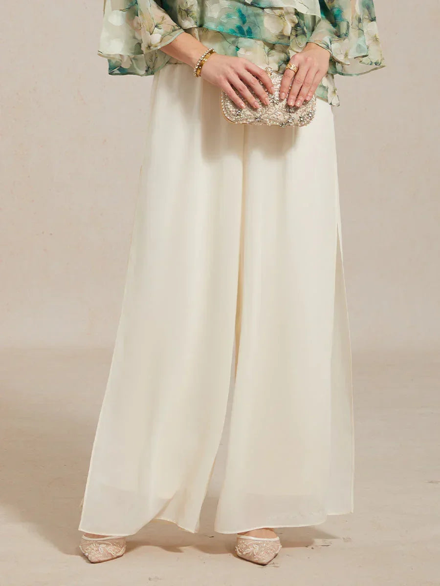 Rechte broek met chiffon split been overlay