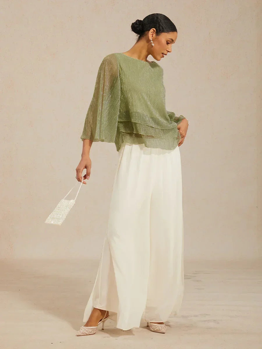 Metallic Geplooide Chiffon Asymmetrische Gelaagde Blouse