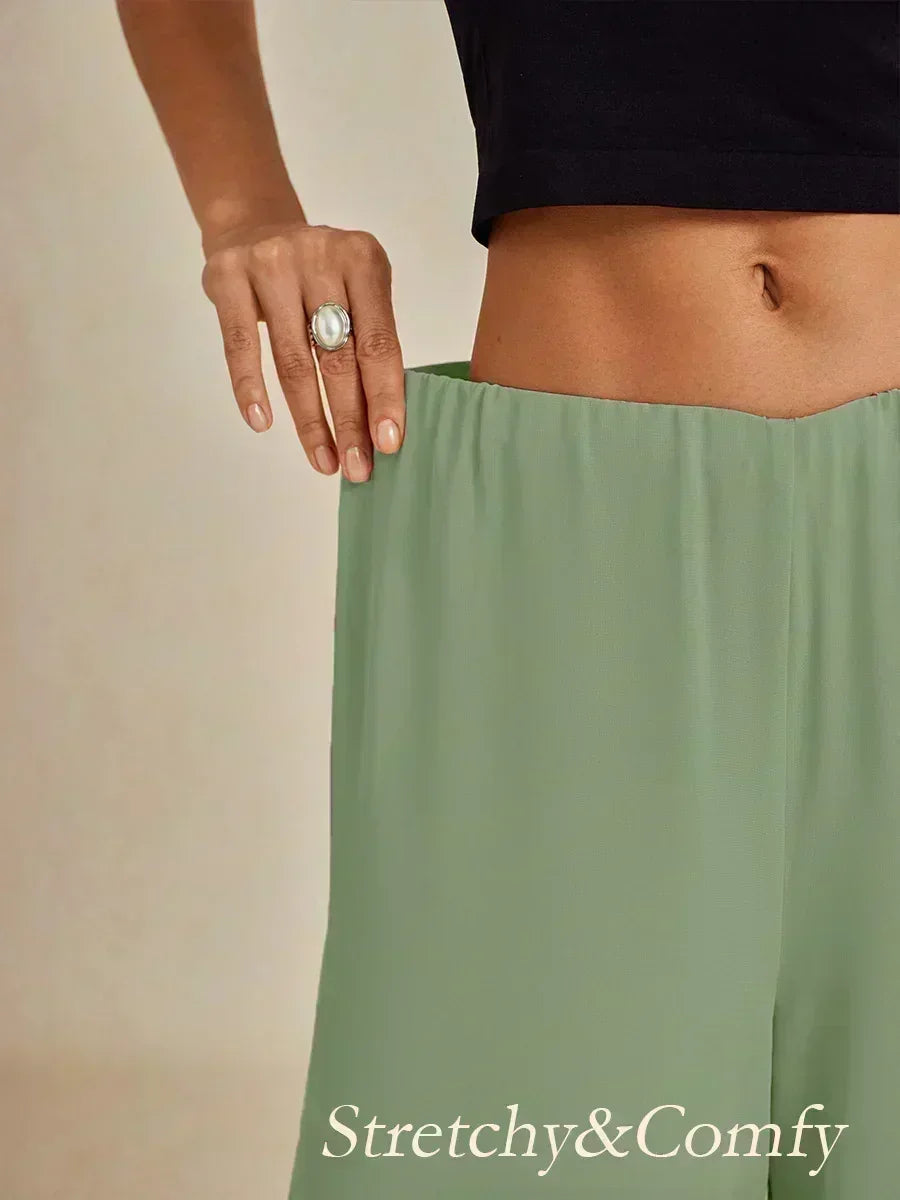 Cropped Length Straight Leg Pant With Chiffon Split Leg Overlay