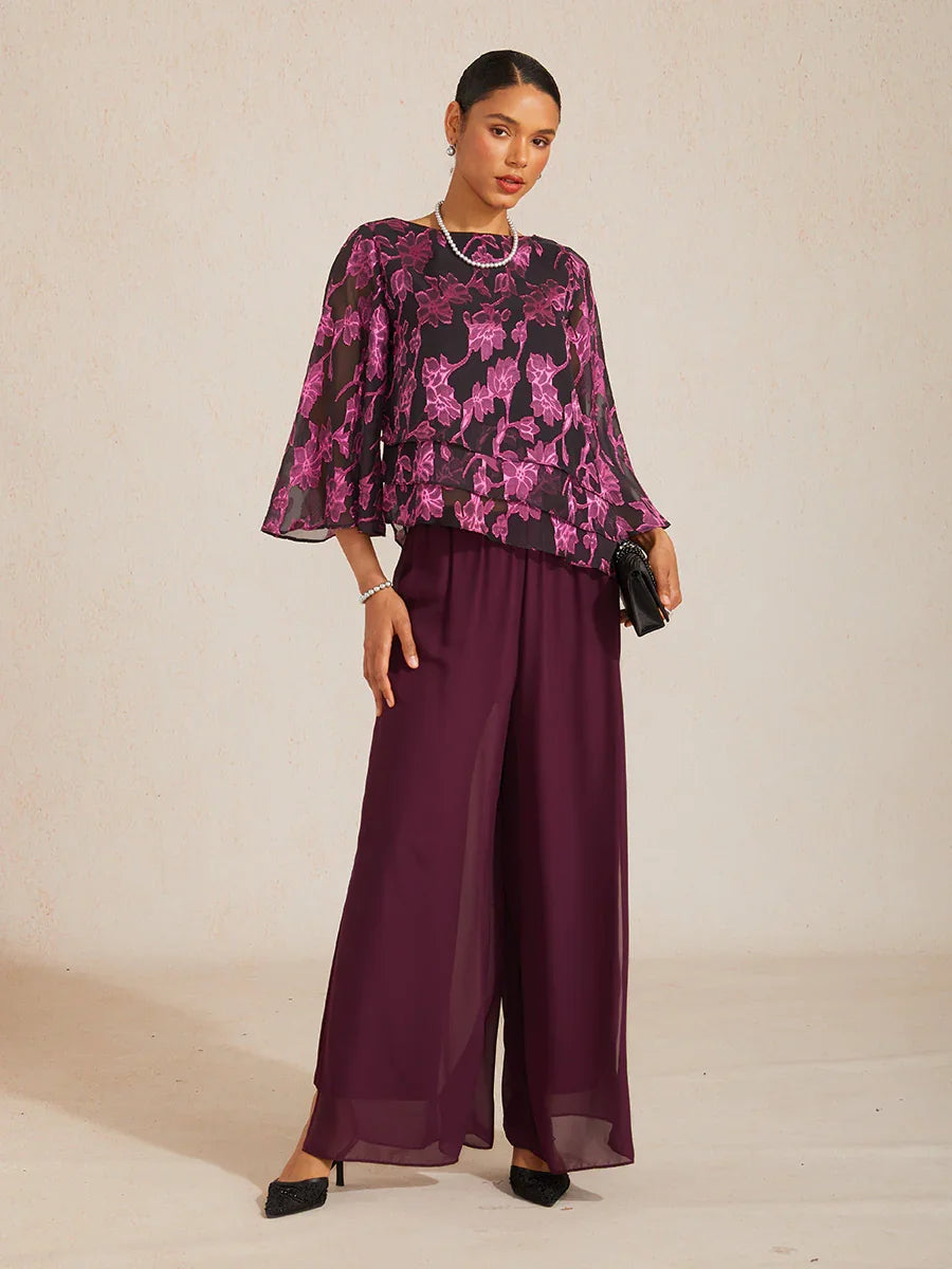 Broek Met Rechte Pijpen en Chiffon-Overslag Met Split