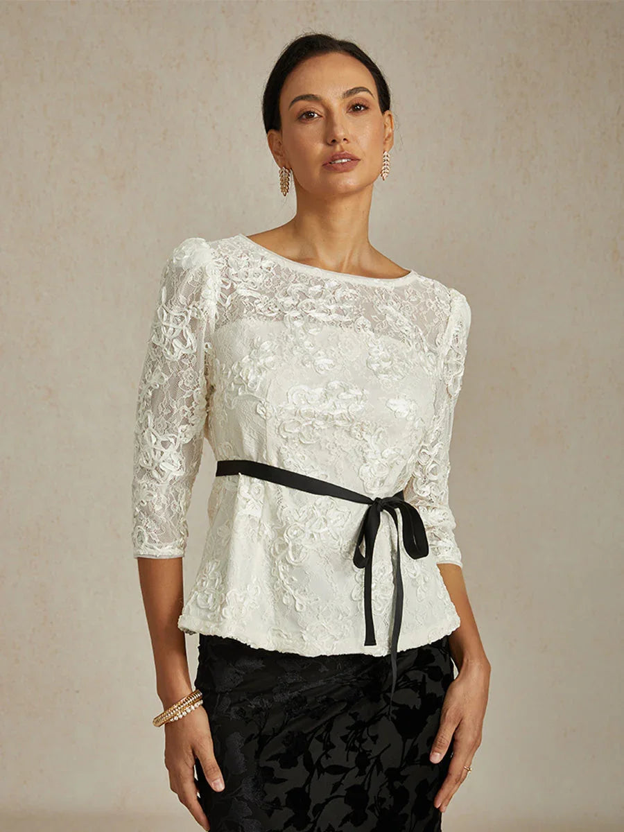 Blouse Met 3/4-Mouw, Rozetkant en Paillettenaccent