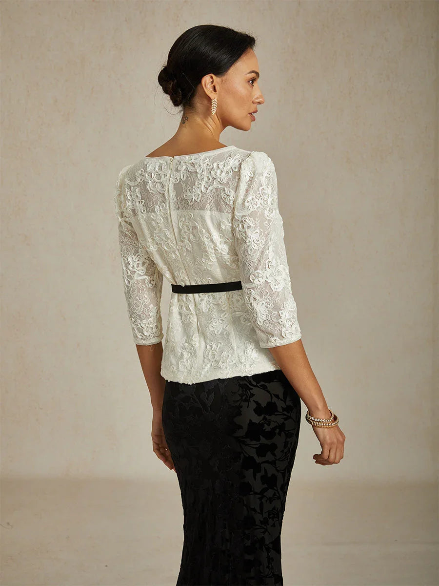 Blouse Met 3/4-Mouw, Rozetkant en Paillettenaccent