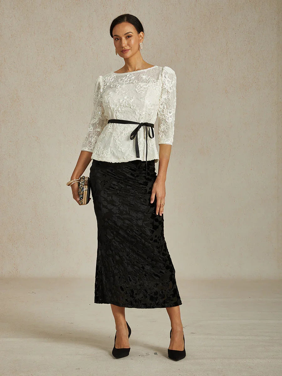 Blouse Met 3/4-Mouw, Rozetkant en Paillettenaccent