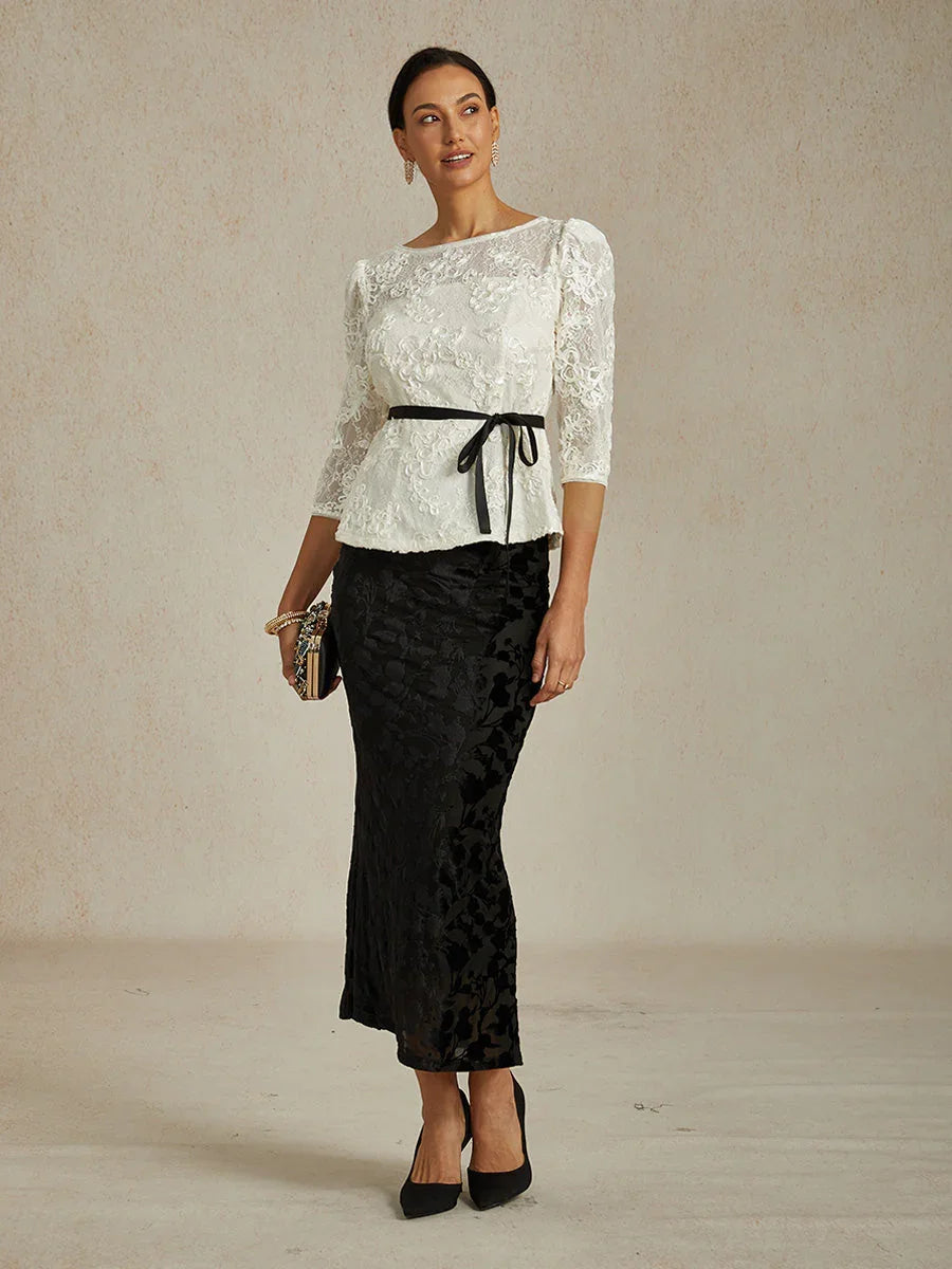 Blouse Met 3/4-Mouw, Rozetkant en Paillettenaccent