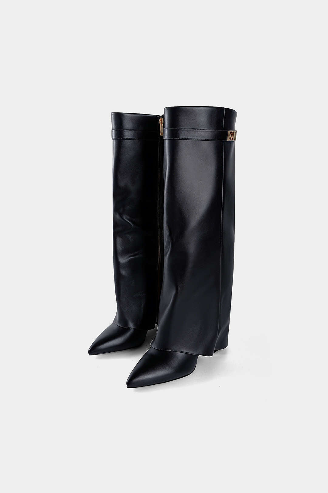 Leather Ruched Pointed Knee High Boots