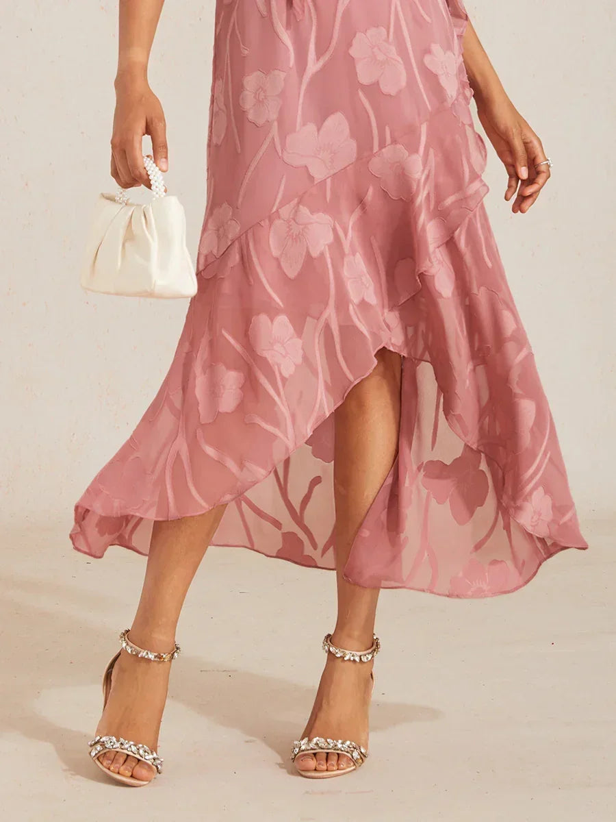 Bloemenchiffon Mouwloze Avondjurk met Asymmetrische Zoom