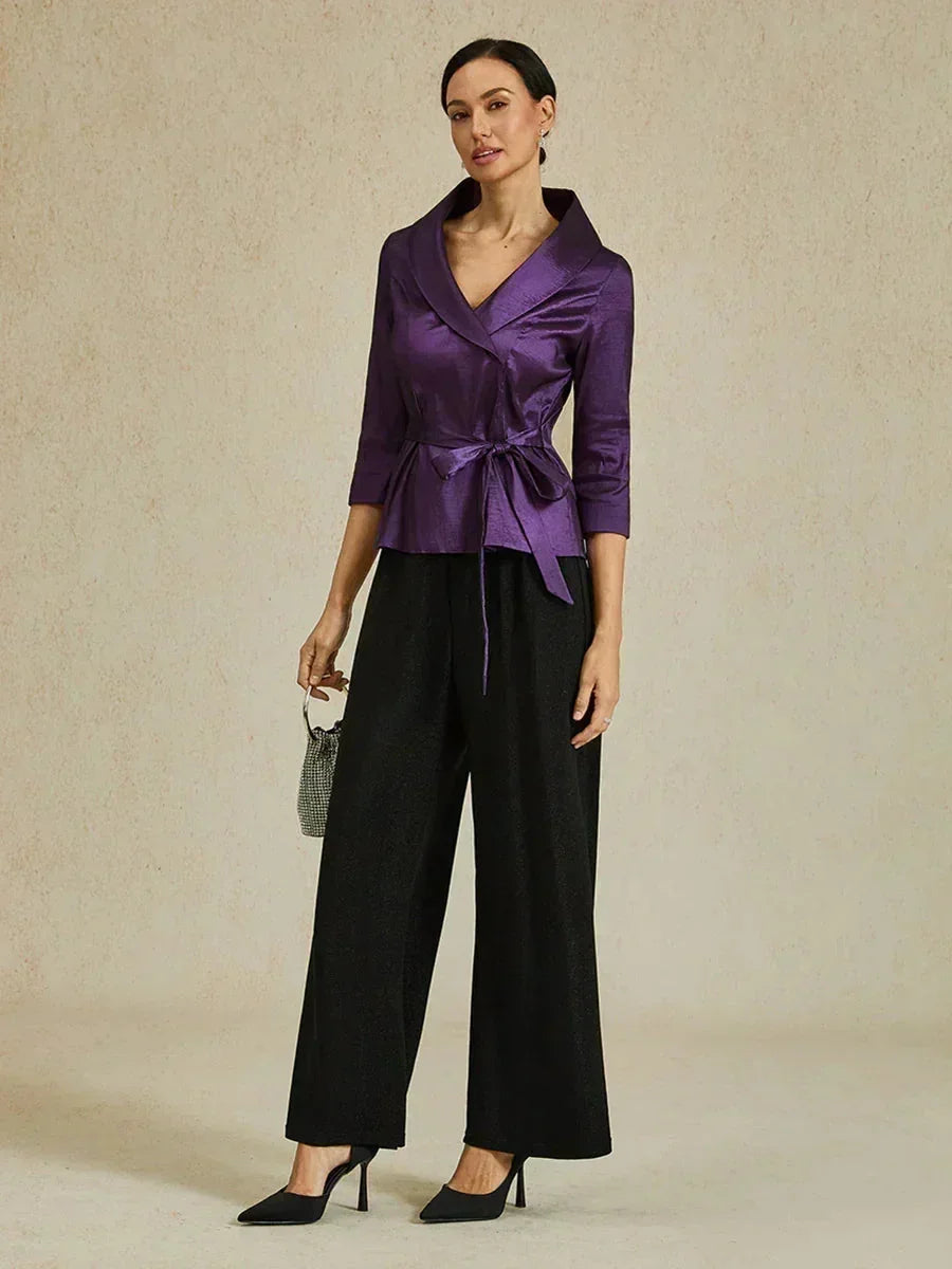 3/4 mouw stretch taffeta blouse met ceintuurdetail
