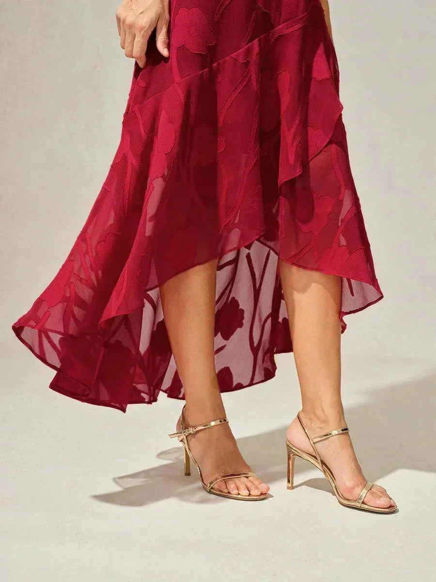 Mouwloze Chiffon Avondjurk met Bloemen en Asymmetrische Zoom