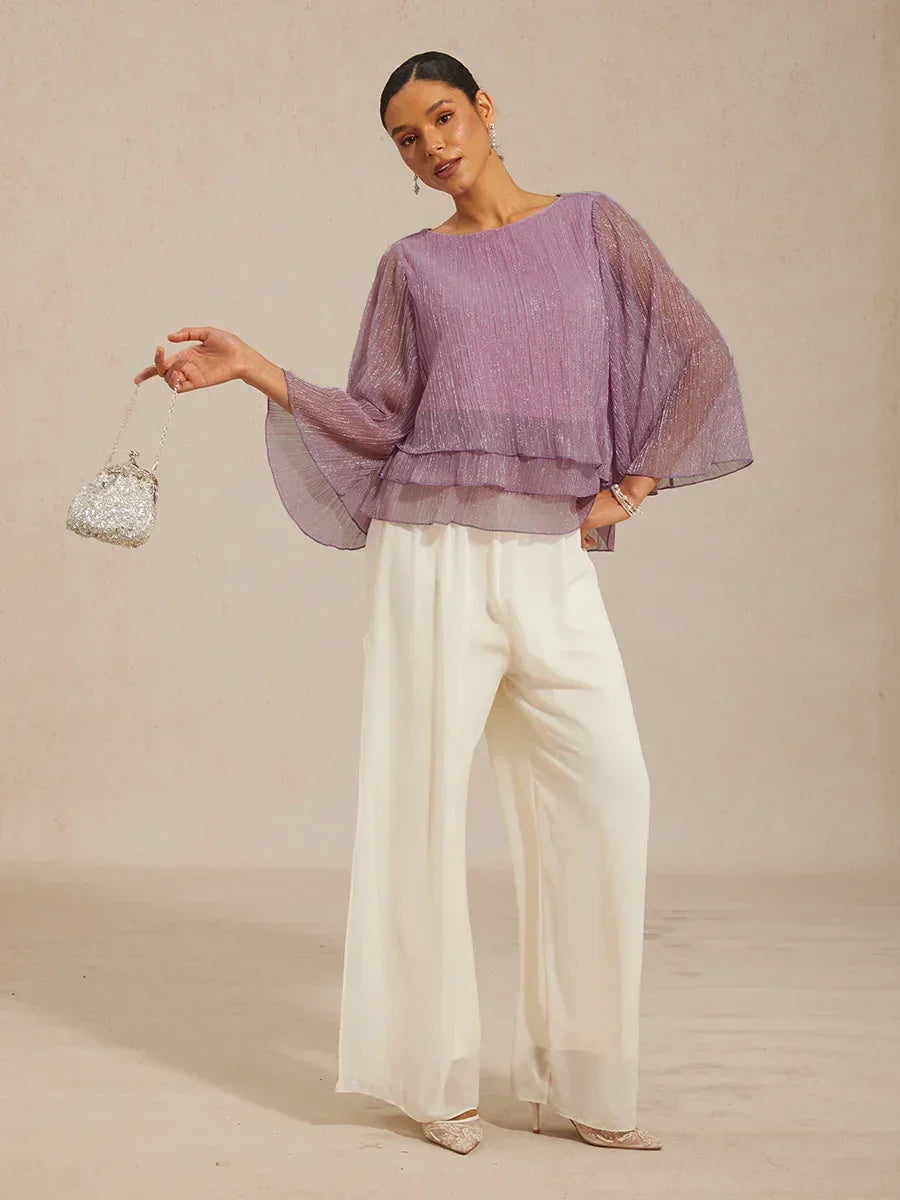 Metallic Chiffonblouse met Geplooide Stof en Asymmetrische Lagen