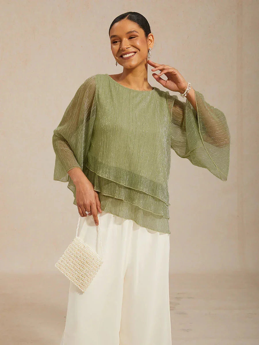 Metallisch Geplooide Chiffon Asymmetrische Gelaagde Blouse