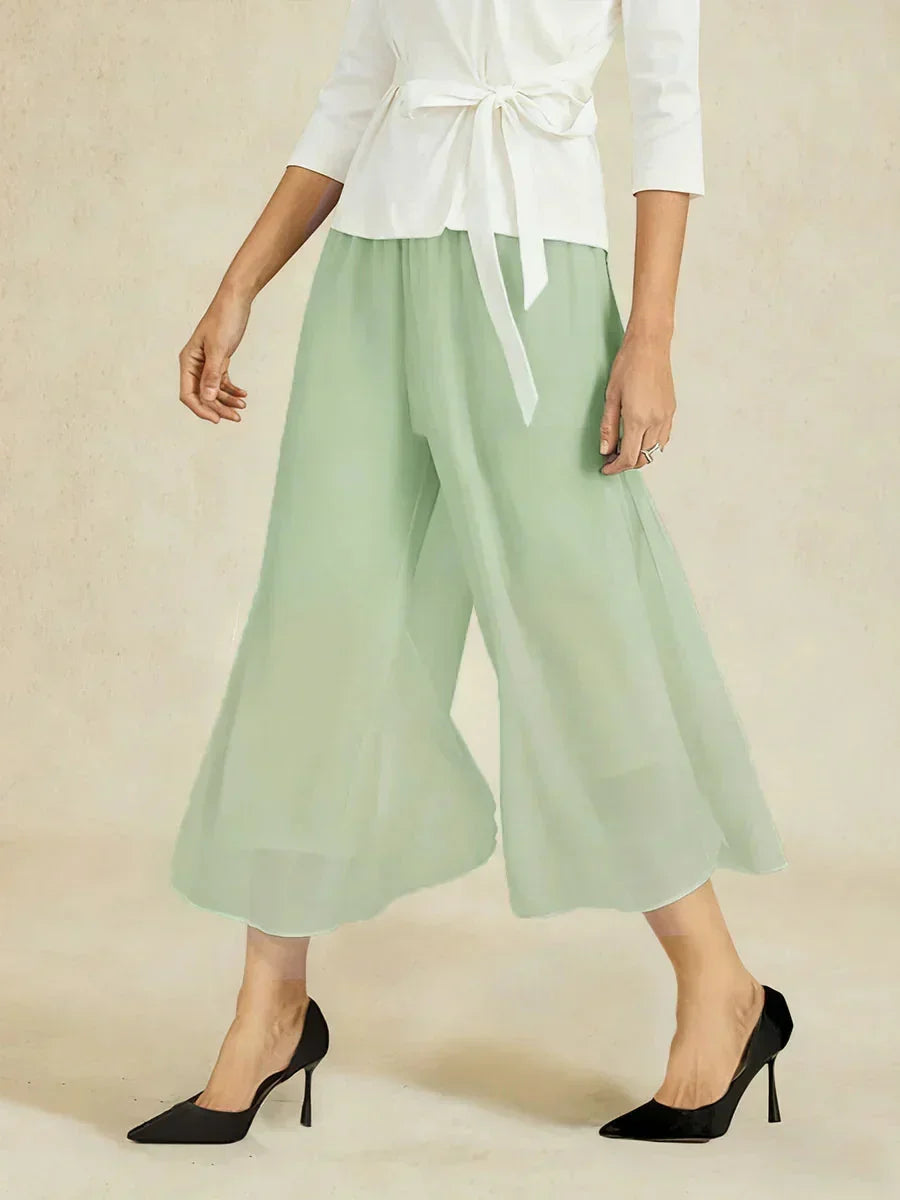 Cropped lengte rechte pijp broek met chiffon split pijp overlay