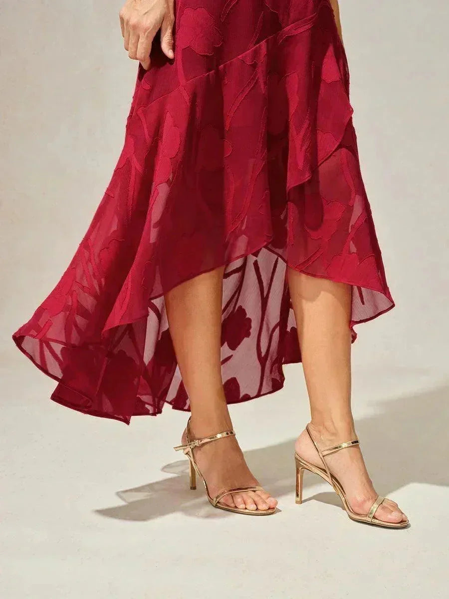 Mouwloze Chiffon Avondjurk Met Bloemenprint En Asymmetrische Zoom