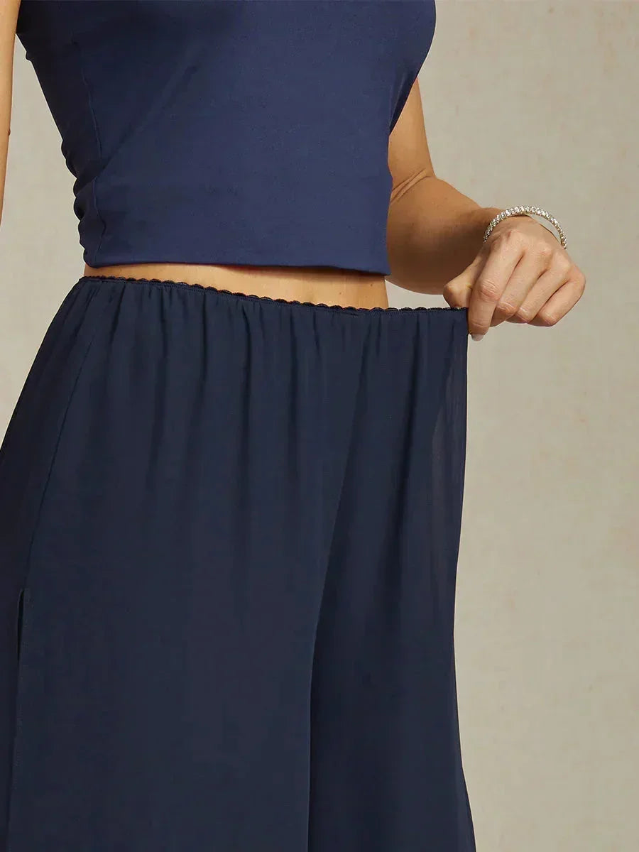 Kortvallende Rechte Broek Met Chiffon Splitpijp-Overlaag