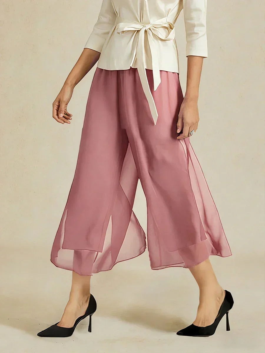 Cropped lengte rechte pijp broek met chiffon split pijp overlay