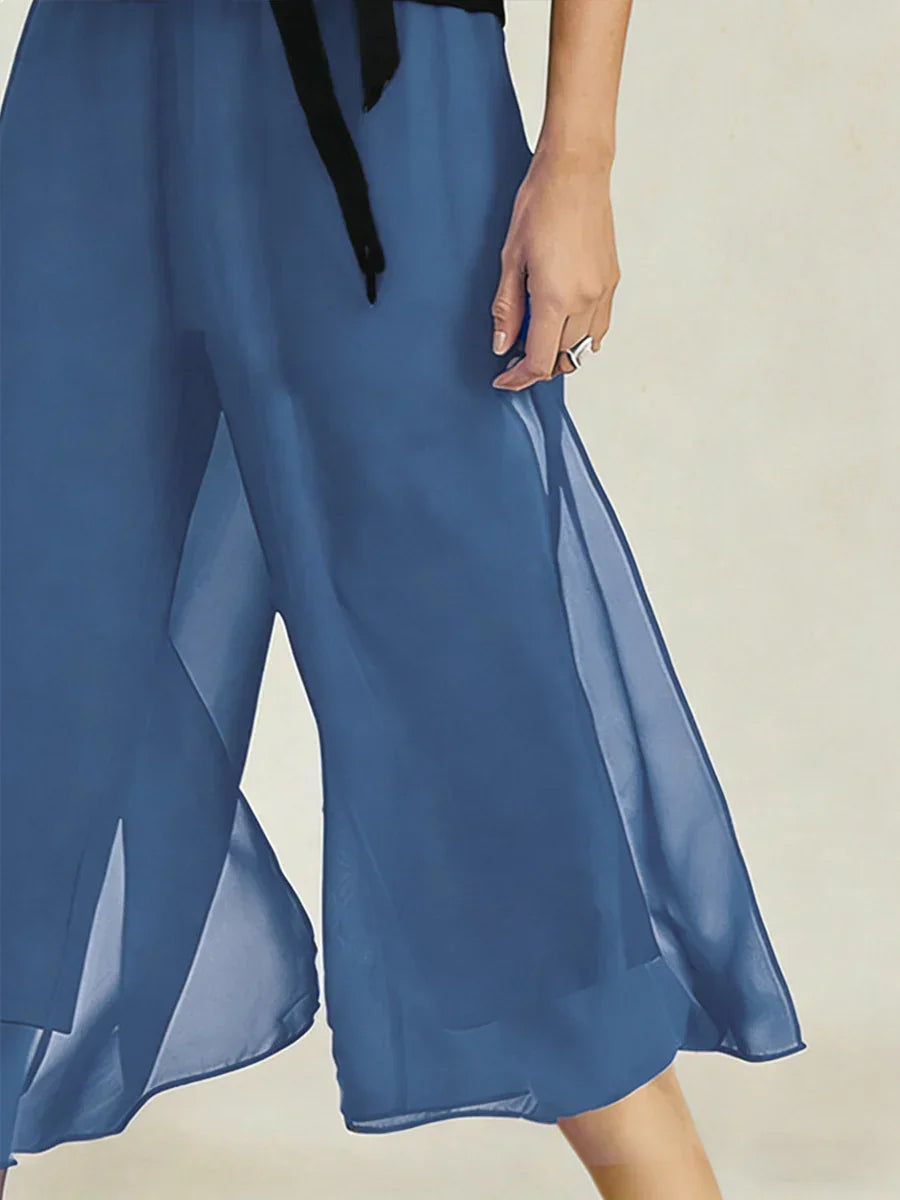 Cropped Broek Met Rechte Pijp En Chiffon Split-Overlay