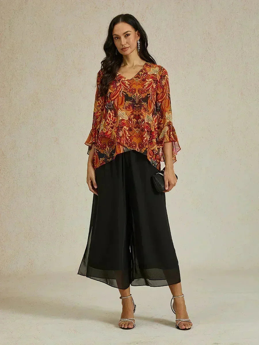 Cropped Broek met Rechte Pijpen en Chiffon Overlay met Split