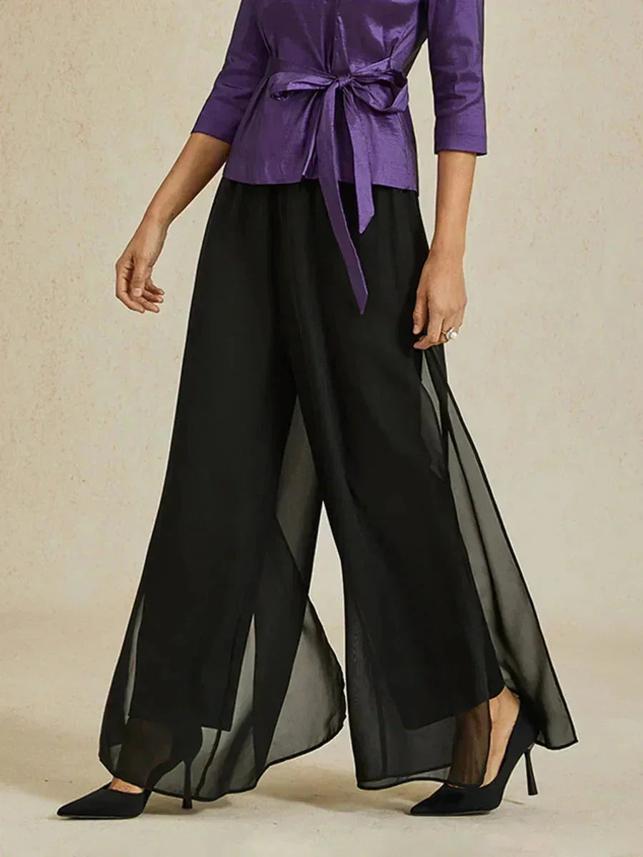Rechte broek met chiffon split been overlay