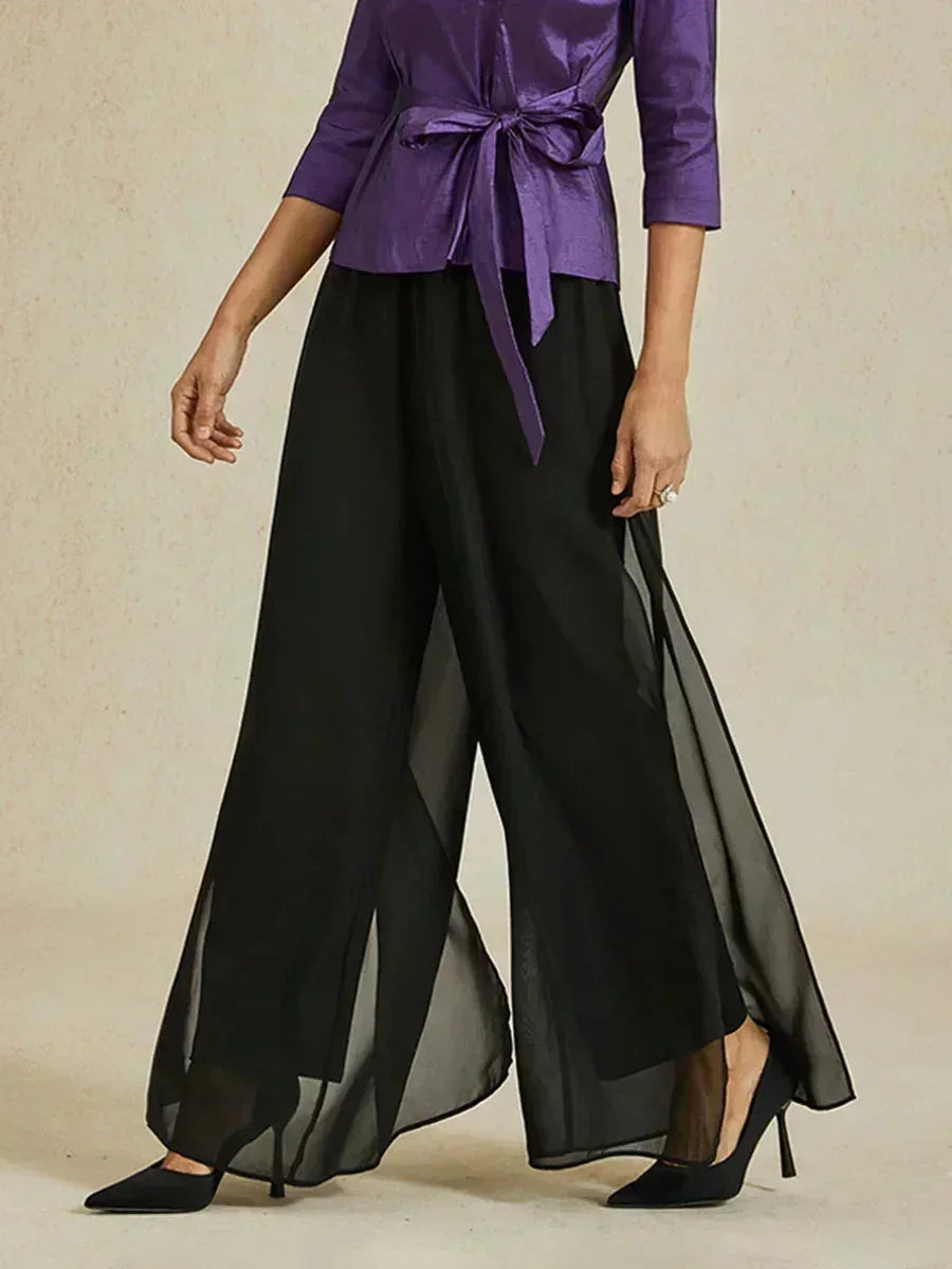 Broek Met Rechte Pijpen en Chiffon-Overslag Met Split