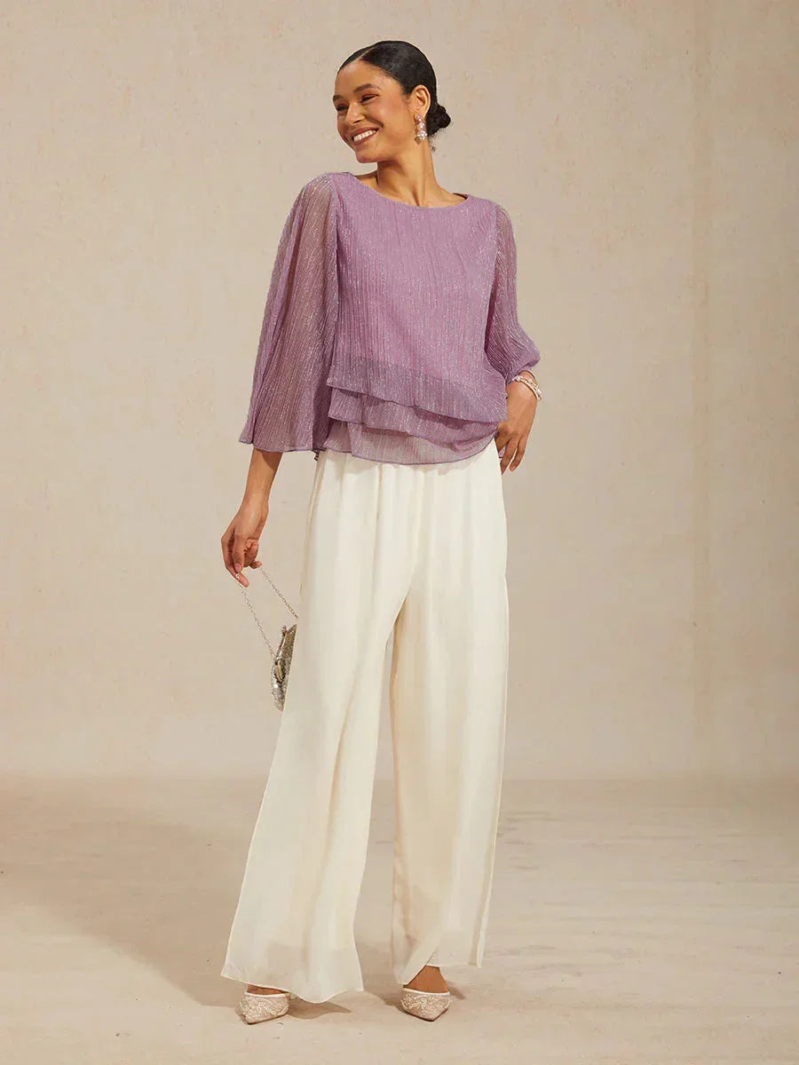 Metallic Geplooide Chiffon Asymmetrische Gelaagde Blouse