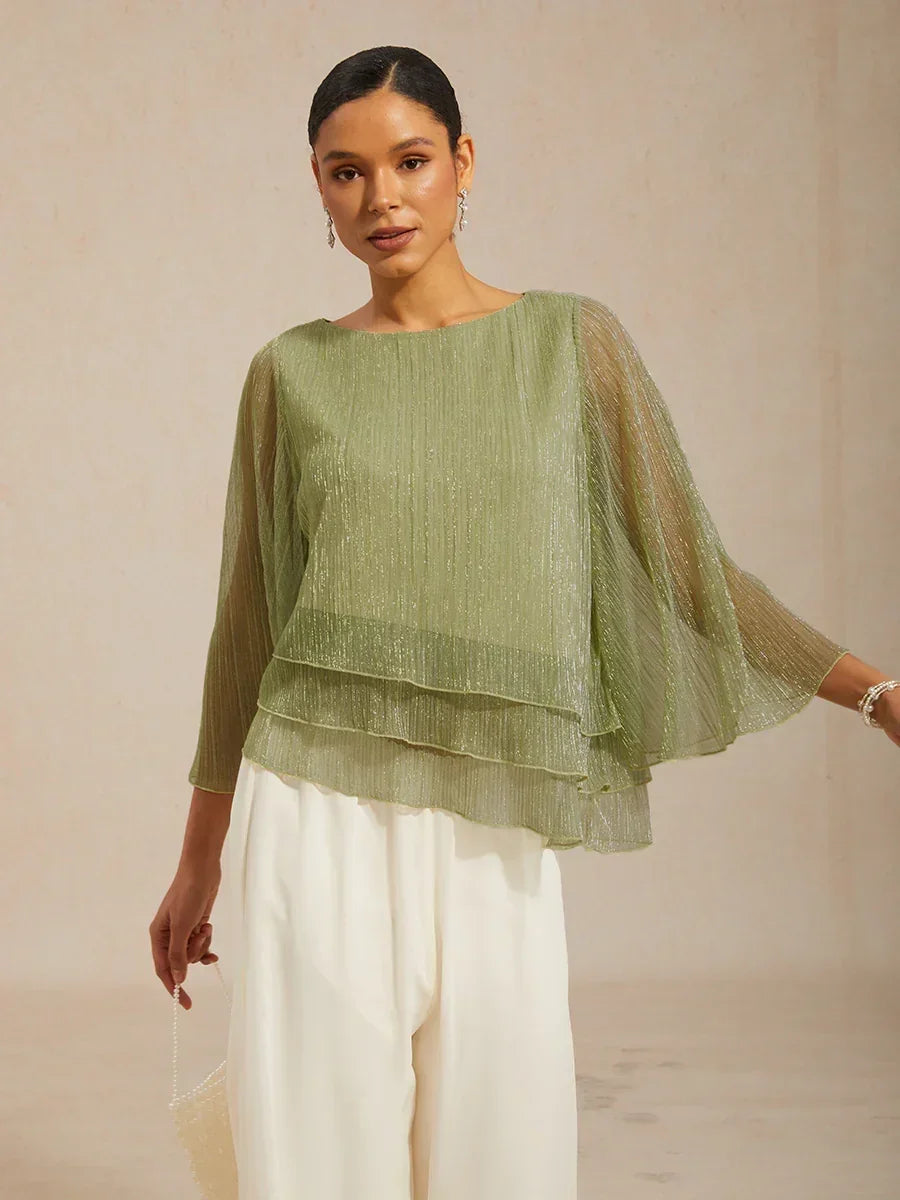Metallic Chiffonblouse met Geplooide Stof en Asymmetrische Lagen