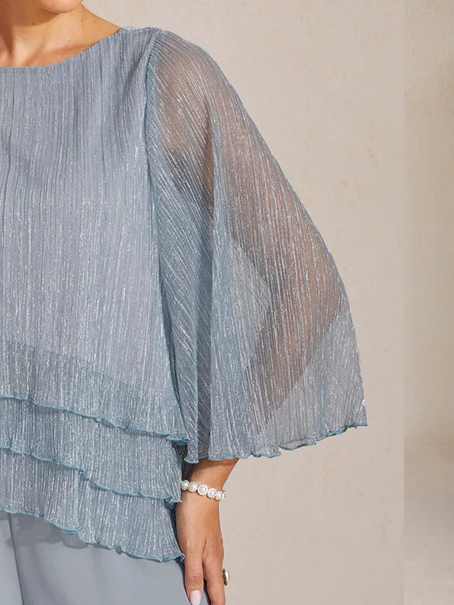 Metallische Geplooide Chiffon Asymmetrische Gelaagde Blouse