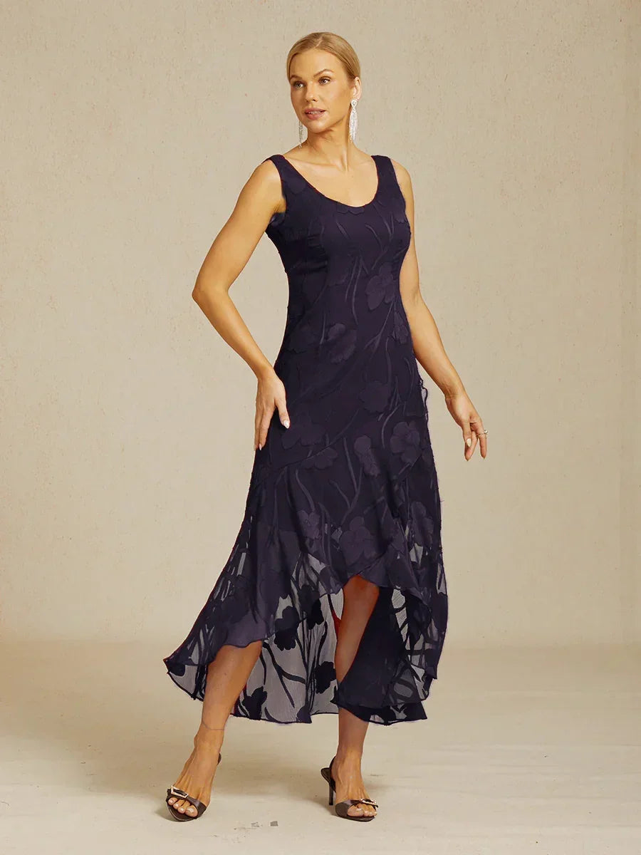 Chiffon Mouwloze Avondjurk Met Bloemenprint En Asymmetrische Zoom