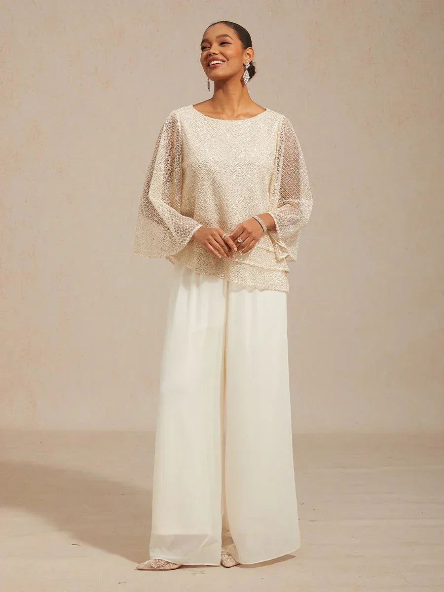 Broek Met Rechte Pijpen en Chiffon-Overslag Met Split