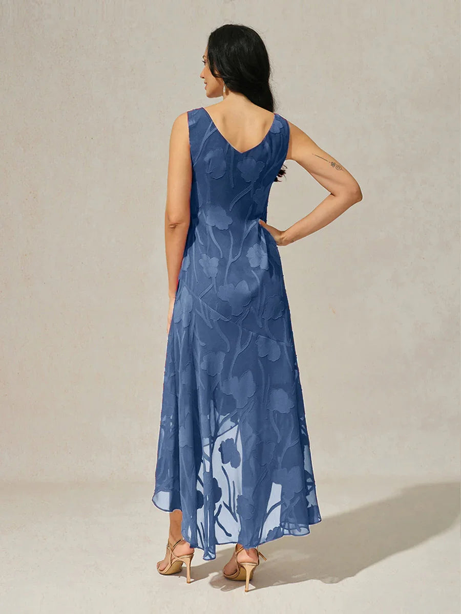 Mouwloze Chiffon Avondjurk Met Bloemenprint En Asymmetrische Zoom