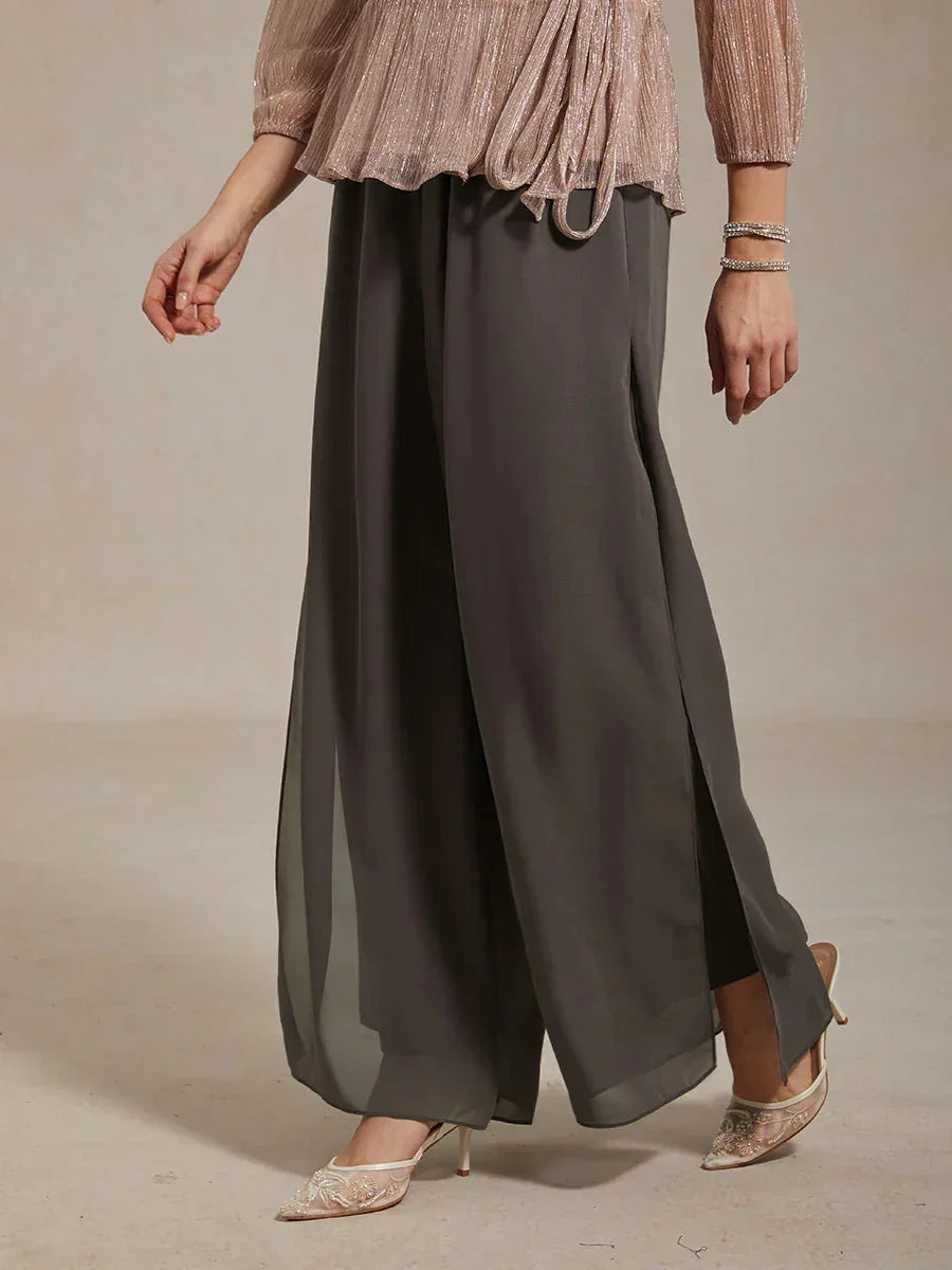 Rechte broek met chiffon split been overlay