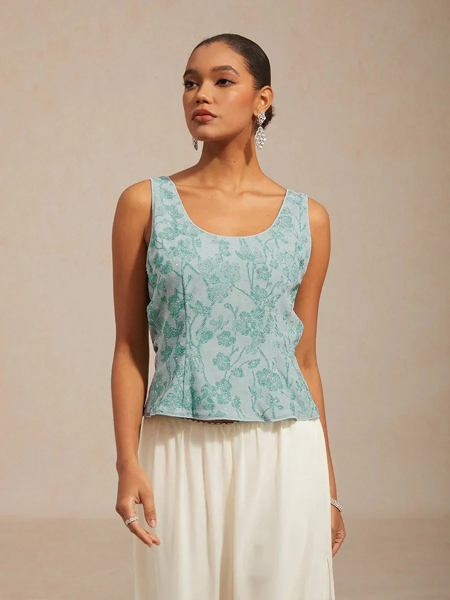 Mandarin Collar Twinset with Rhinestone-Embellished Zebra Print