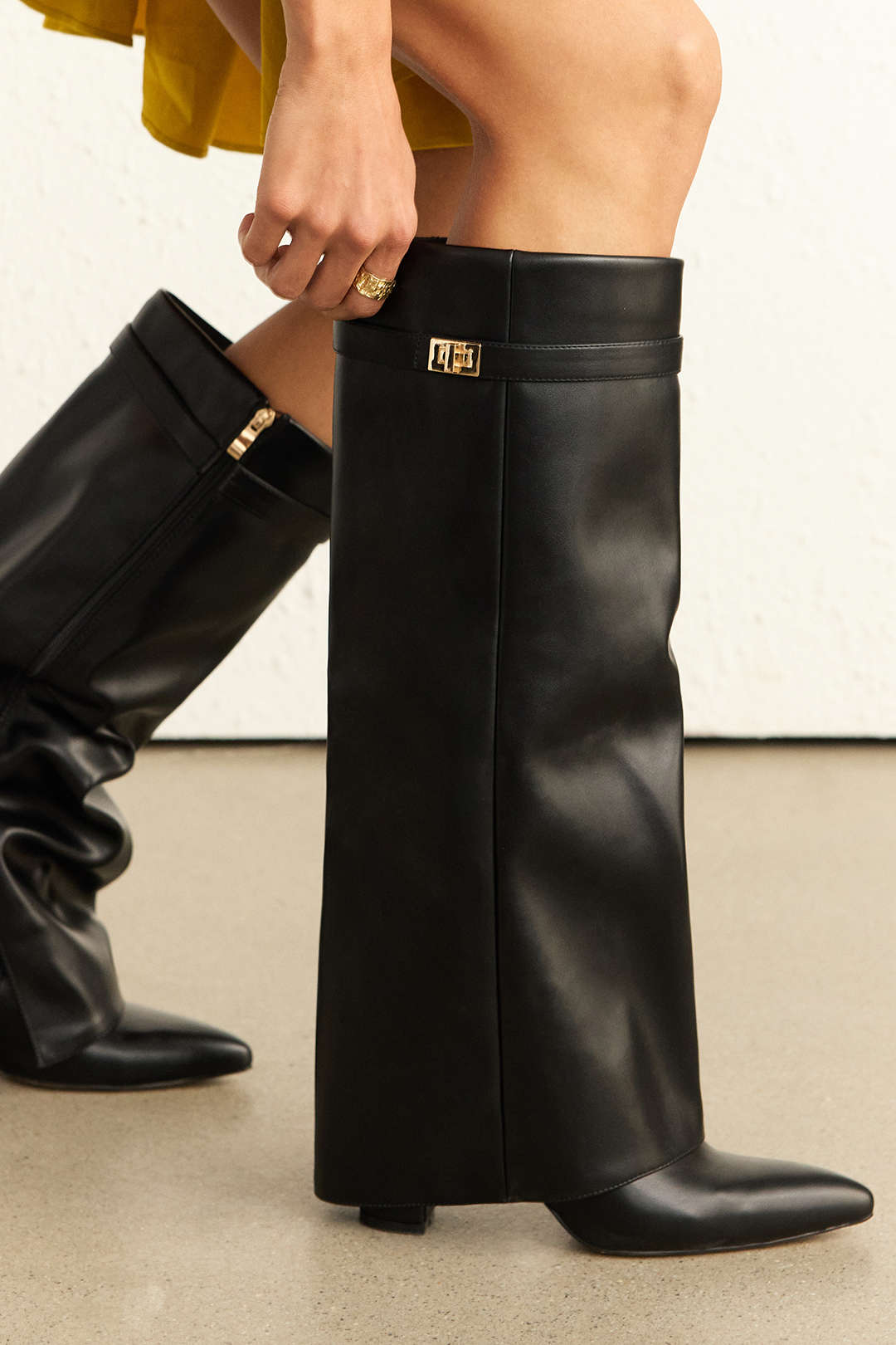 Leather Ruched Pointed Knee High Boots