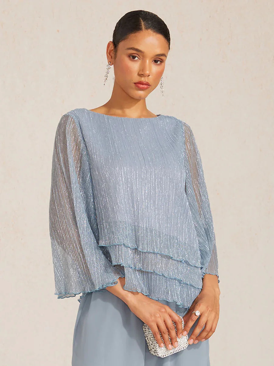 Metallic Geplooide Chiffon Asymmetrische Gelaagde Blouse