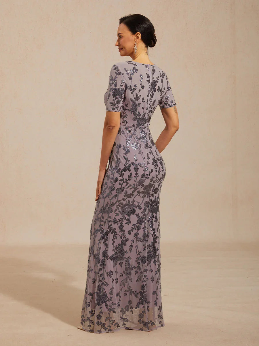 Floral Sequin Stretch Mesh Short Sleeve Dress
