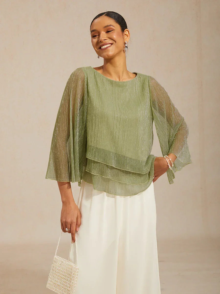 Metallic Chiffonblouse met Geplooide Stof en Asymmetrische Lagen