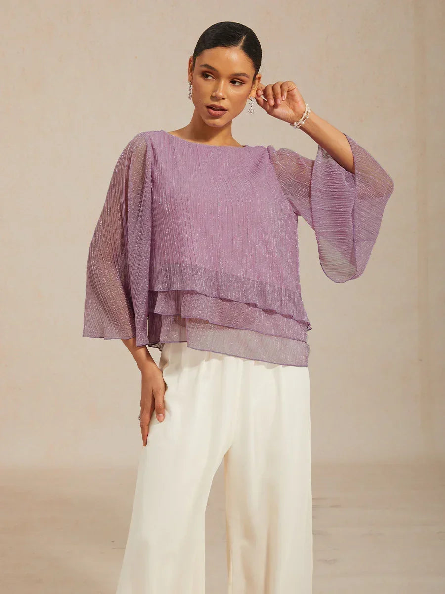 Metallic Geplooide Chiffon Asymmetrische Gelaagde Blouse