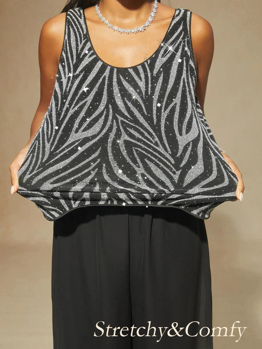 Elegant Twinset Met Mandarijnkraag En Zebraprint Met Strasssteentjes