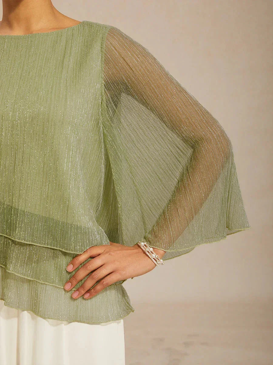 Metallic Geplooide Chiffon Asymmetrische Gelaagde Blouse