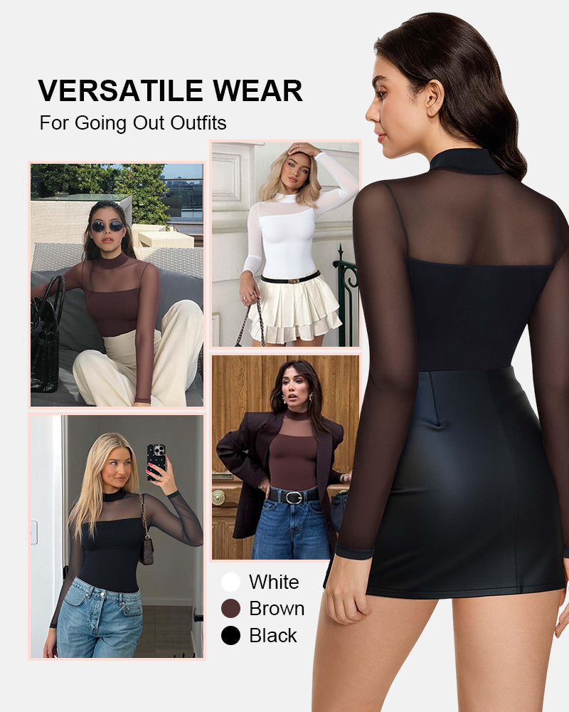 Illusion Mesh Turtleneck Long Sleeve Tummy Control Bodysuit