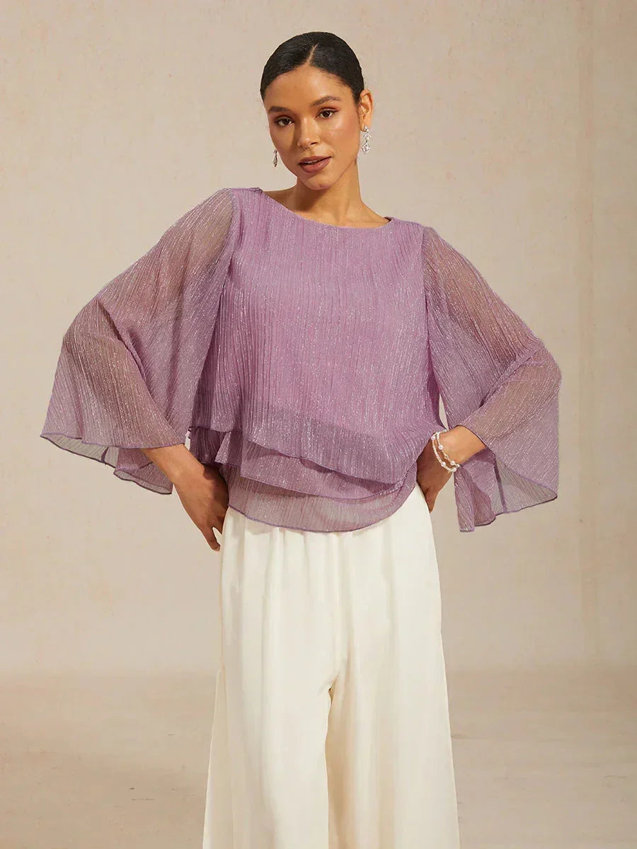 Metallische Geplooide Chiffon Asymmetrische Gelaagde Blouse