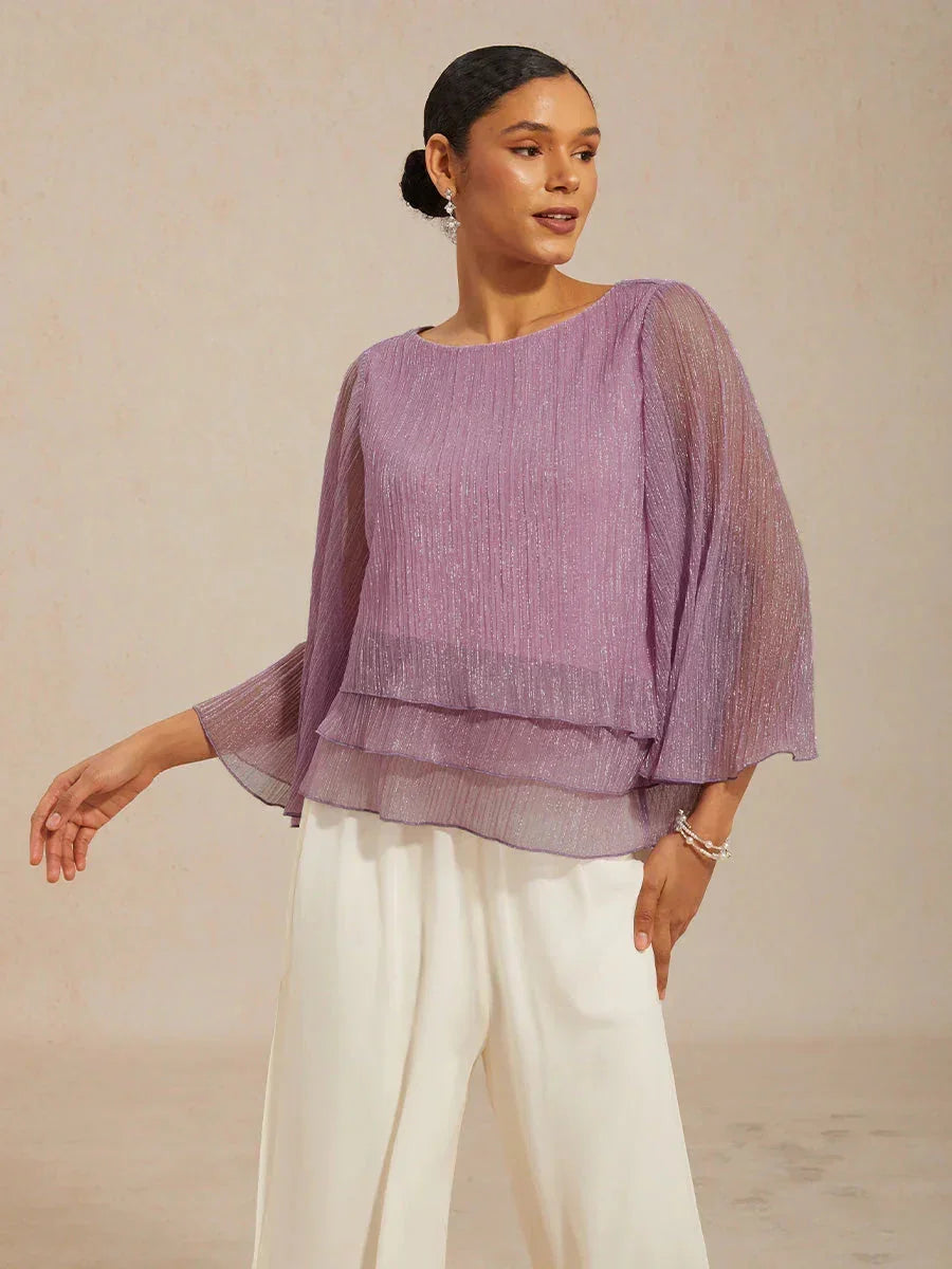 Metallisch Geplooide Chiffon Asymmetrische Gelaagde Blouse