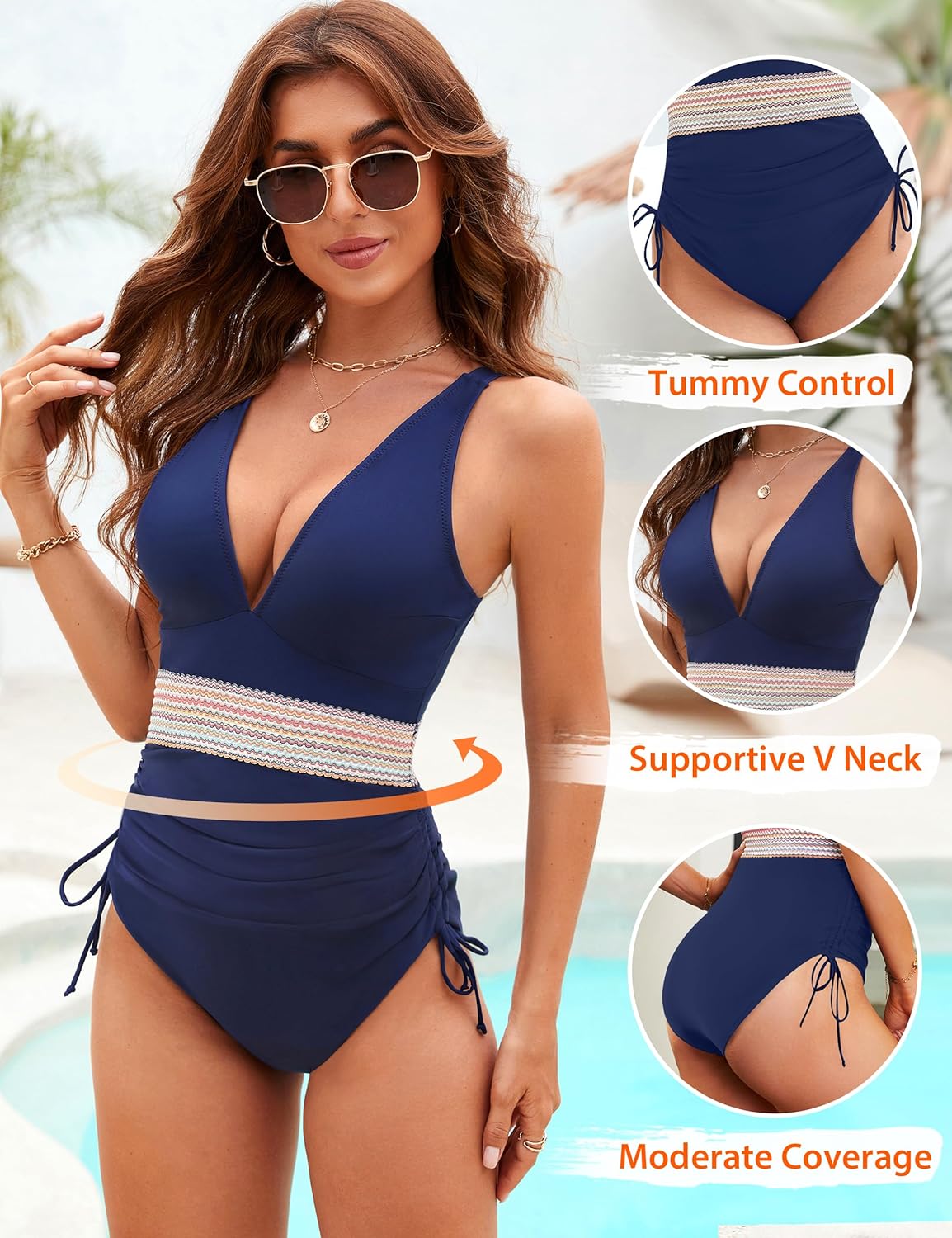 Maclair & Co. - Women Tummy Control Swimsuits One Piece Slimming Modest Bathing Suit Color Block Drawstring Swim Suits