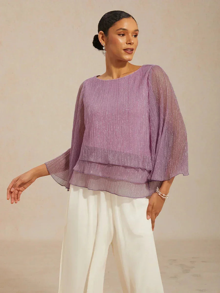 Metallic Geplooide Chiffon Asymmetrische Gelaagde Blouse